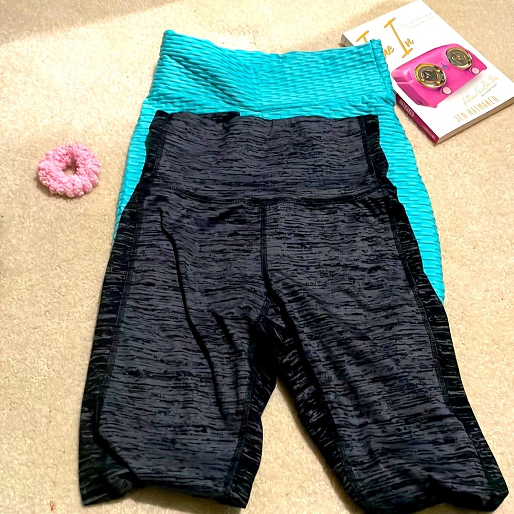 Booty lifting blue leggings and grey high waisted leggings